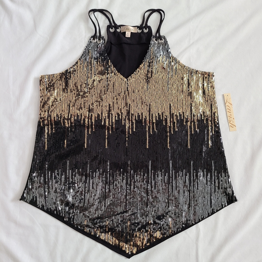 NWT Lavish Black/Silver/Gold Sequined Double Strap Racerback Cami Tank Top, M - Picture 2 of 11